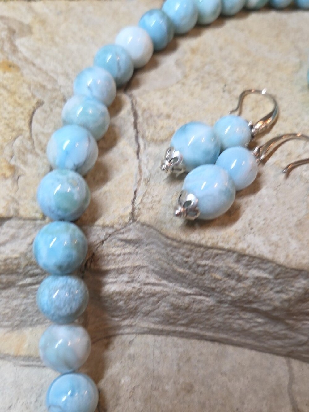 Sterling Silver Genuine Larimar Beaded Necklace and Earrings Set - Picture 9 of 12
